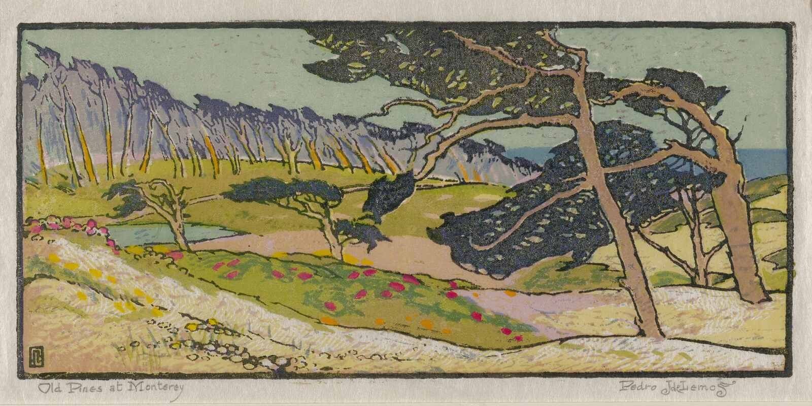 Pedro Lemos : Old Pines At Monterey : California Woodcut Arts & Crafts Movement