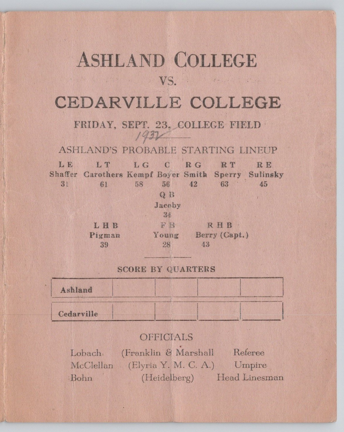 1932 Ashland College vs Cedarville College Football Program