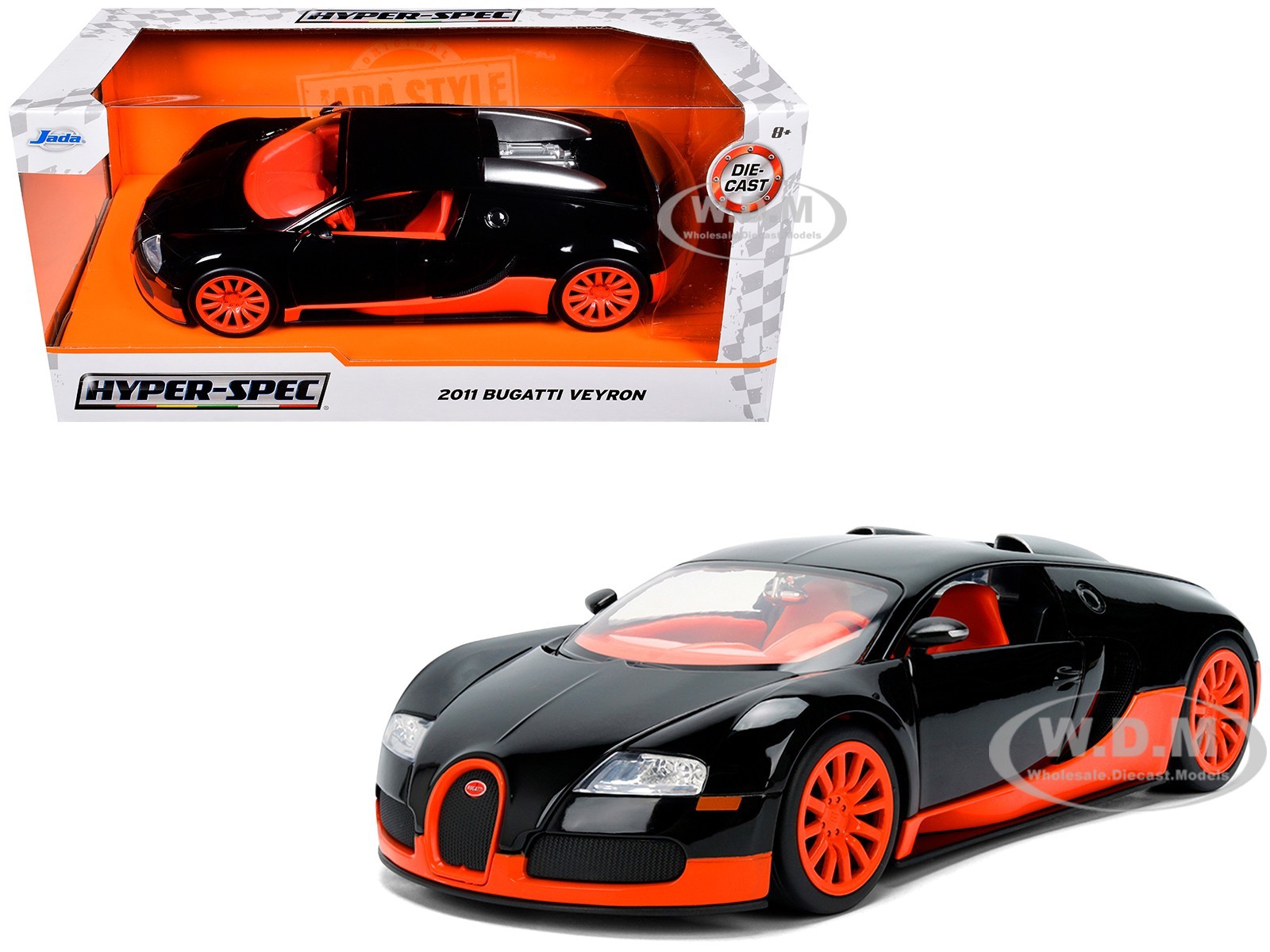 2011 BUGATTI VEYRON BLACK W/ORANGE 1/24 DIECAST MODEL CAR BY JADA 37642 2011 BUGATTI VEYRON BLACK W/ORANGE 1/24 DIECAST MODEL CAR BY JADA 37642