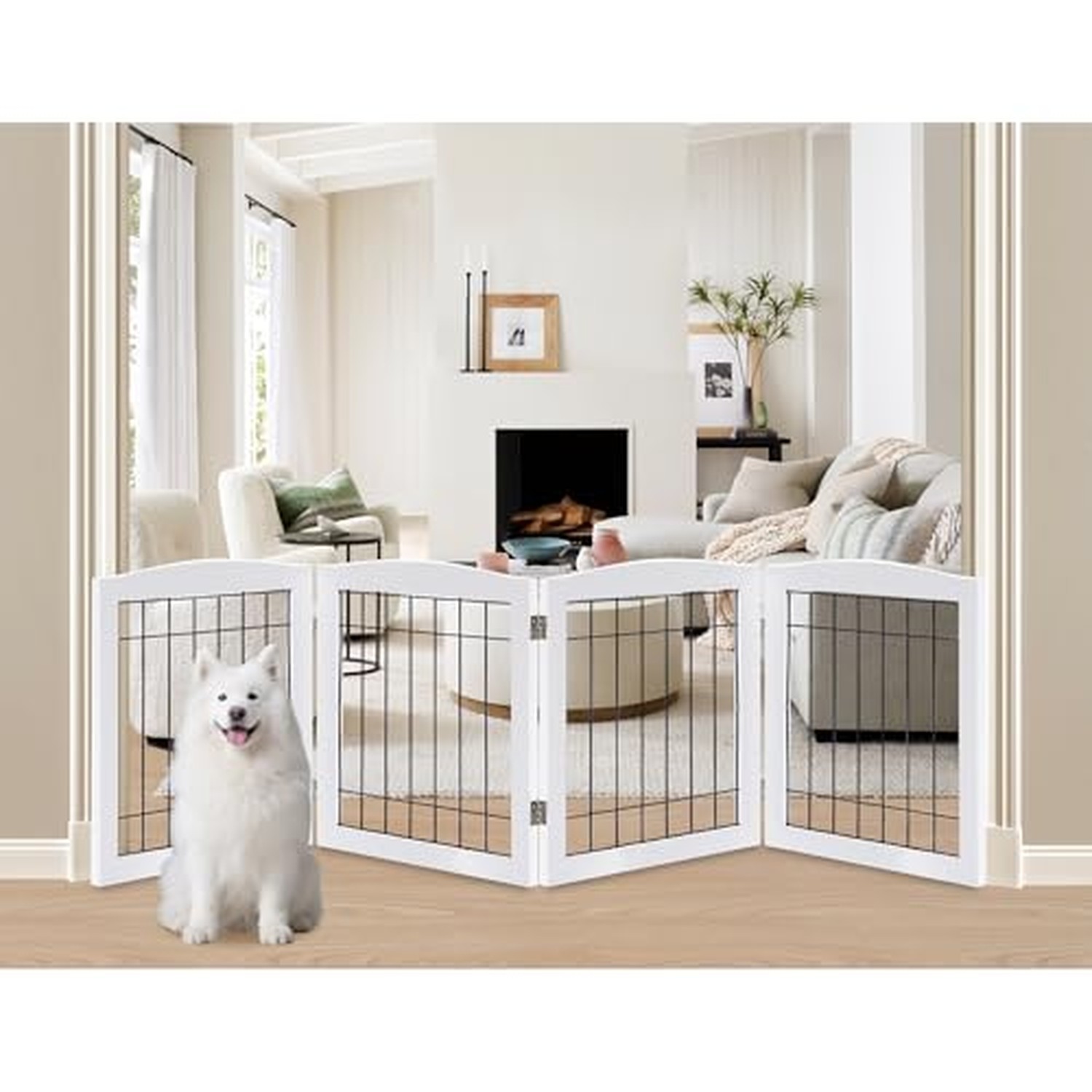 LZRS 4-Panel Extra-Wide Wooden Freestanding Dog Gate: Foldable Solid Wood and...