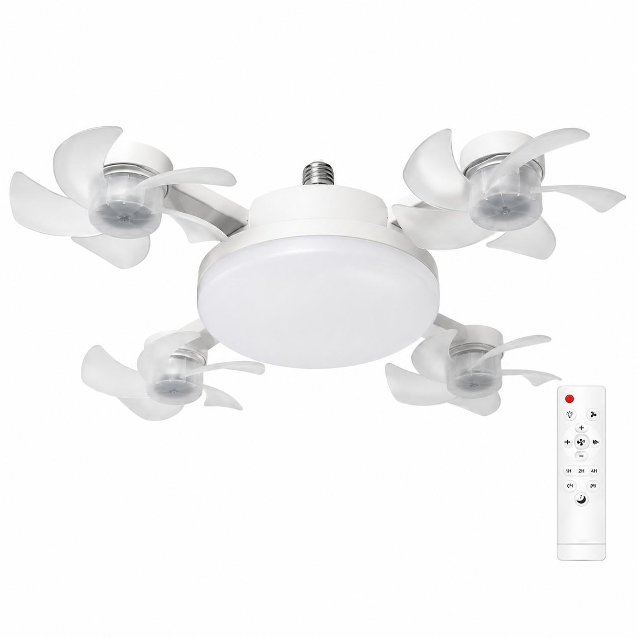 4-Head Foldable Socket Ceiling Fan with LED Light 3 Speed 3 Color Remote Control