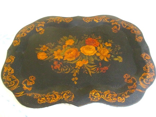 Giant Hand Painted Antique Garden Floral Gold Leaf Rim Art 1919 Mantel Tole Tray