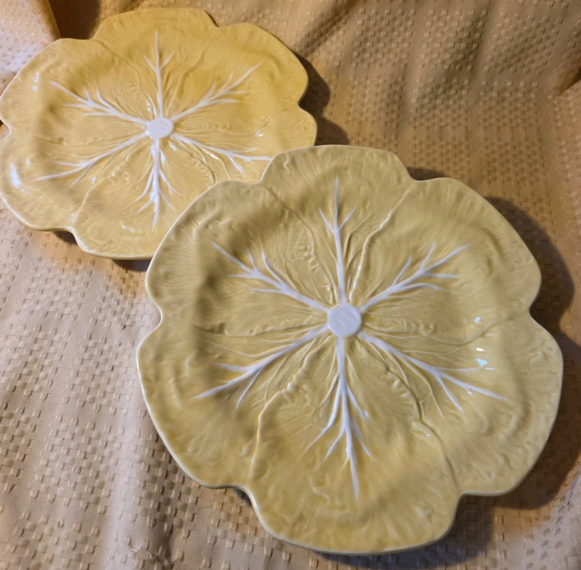 Vtg Bordallo Pinheiro Portugal Majolica Yellow Cabbage Plate Set of 2 - 1 Pair