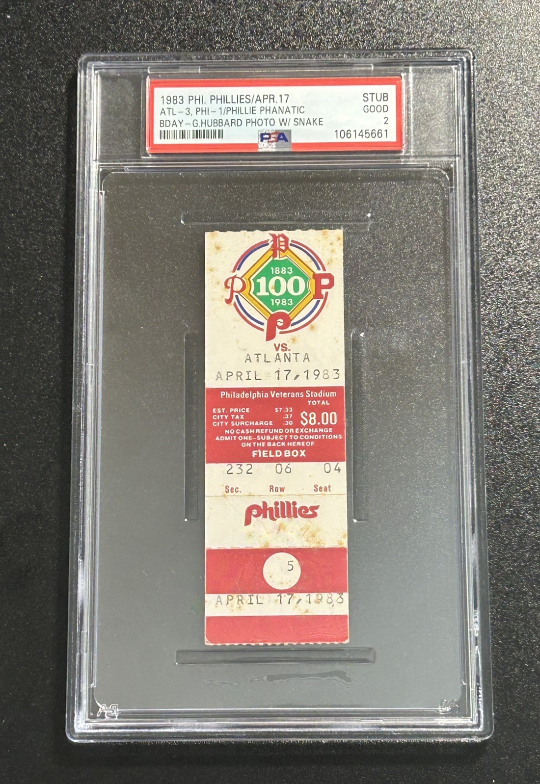 1983 Phillies v Braves PSA ticket 4/17/83 - Glenn Hubbard holds snake 1984 Fleer 1983 Phillies v Braves PSA ticket 4/17/83 - Glenn Hubbard holds snake 1984 Fleer