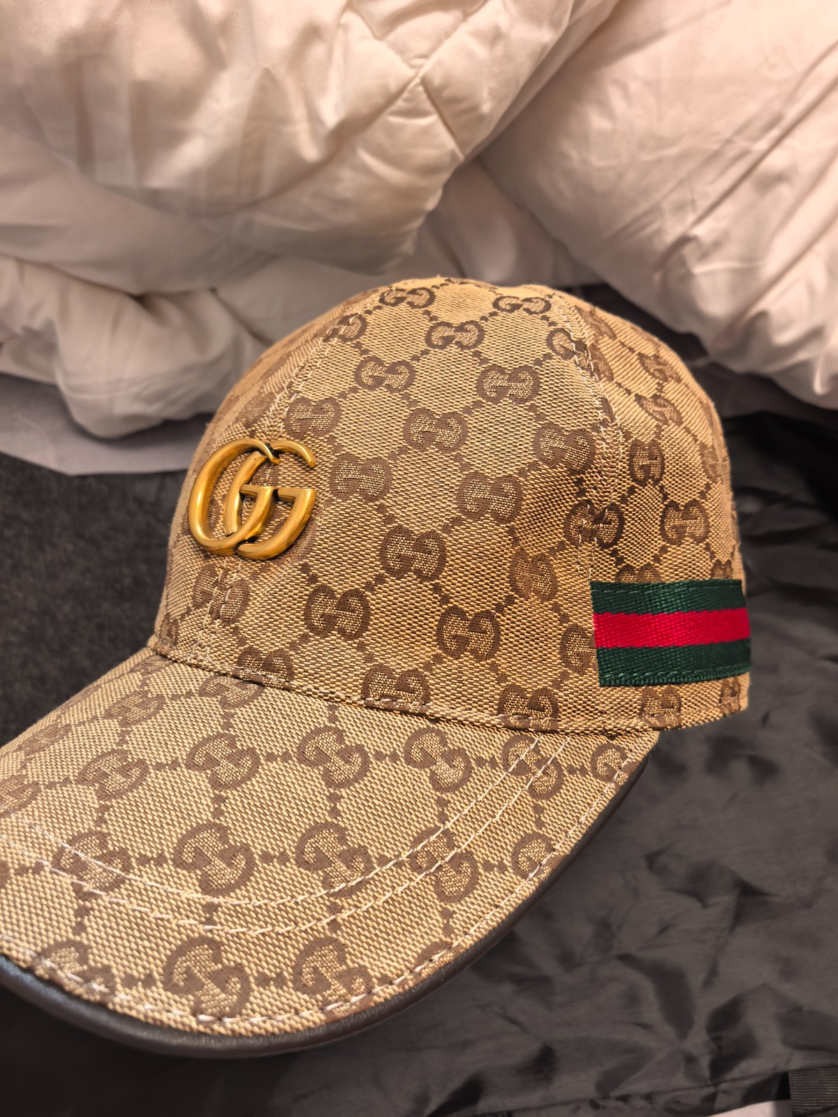 Gucci GG Canvas Baseball Cap with Gold Double G Logo & Web Stripe