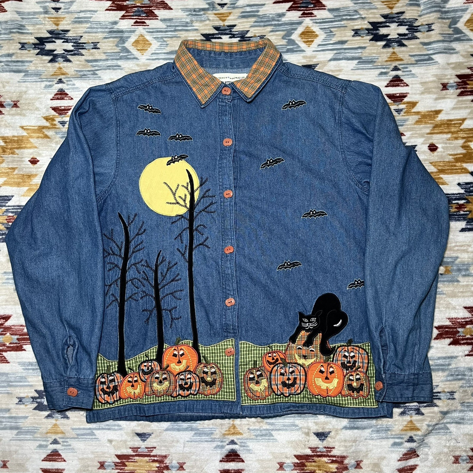 Vintage Tantrums Womens M Halloween Denim Shirt Black Cat Pumpkin Bats 90s