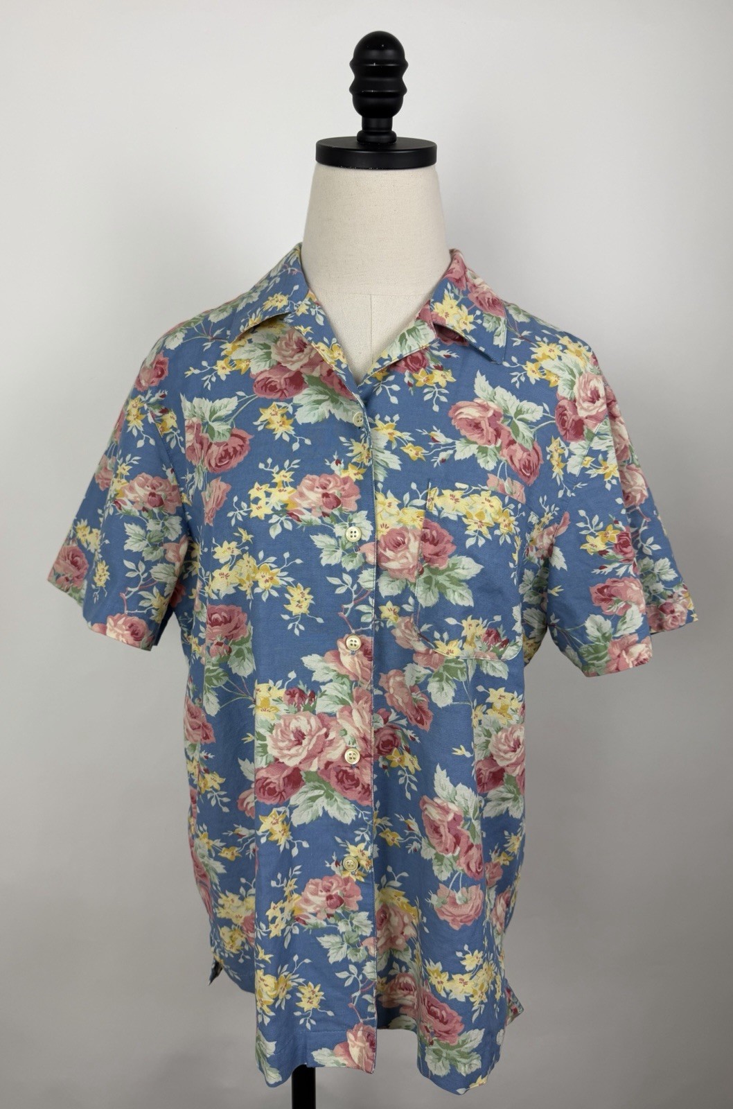 Vintage 90s Floral Shirt Womens Large Cornflower Blue Cotton Blend Romantic Mom