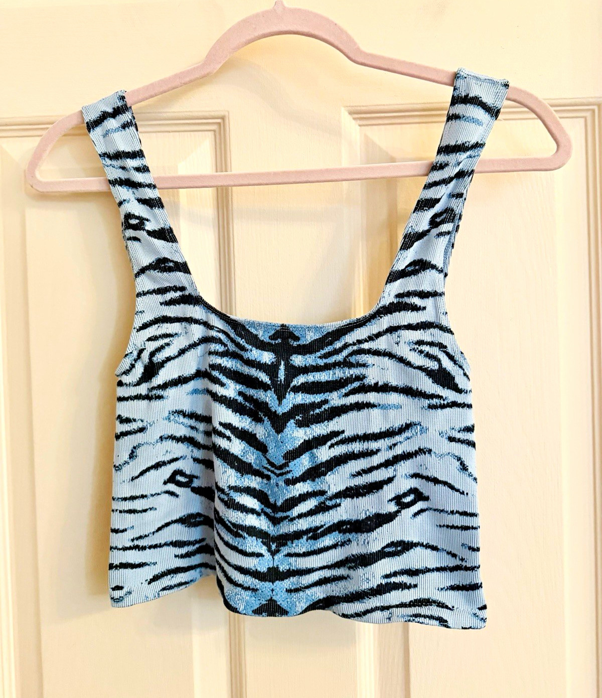 NWT Anthropologie blue/Black Zebra Print Knit Cropped Tank Top Women\'s L/XL