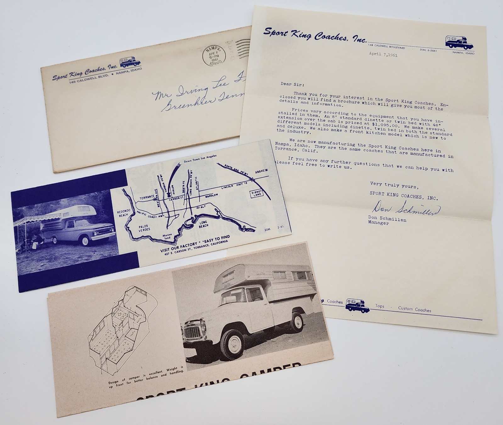 Vtg 1961 Sport King Coaches Pickup Truck Camper Flyer Letter Promo Mailer Lot