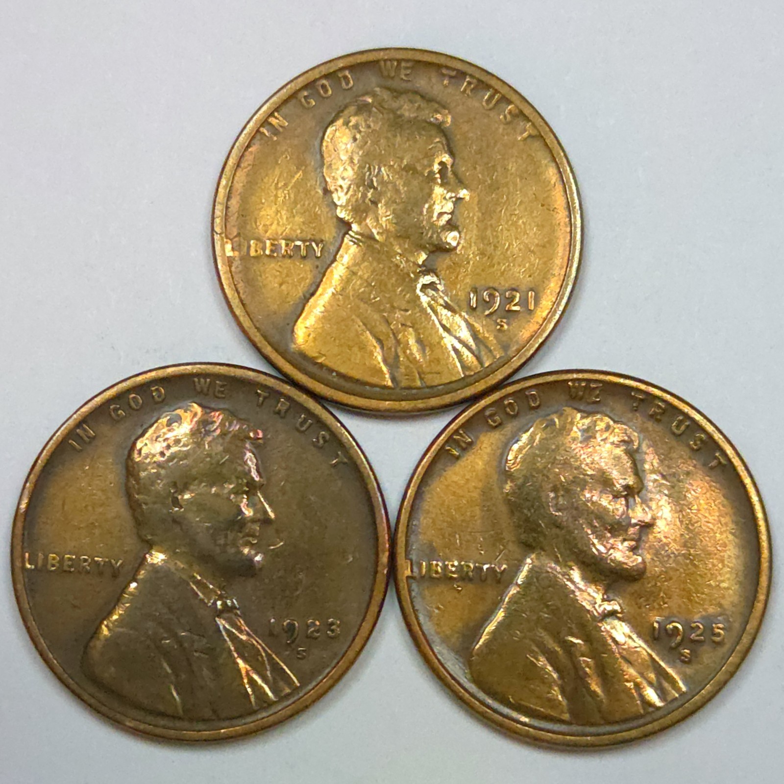 1921-S 1923-S 1925-S Lincoln Wheat Cent Set - Cleaned (Lot#1) 1921-S 1923-S 1925-S Lincoln Wheat Cent Set - Cleaned (Lot#1)