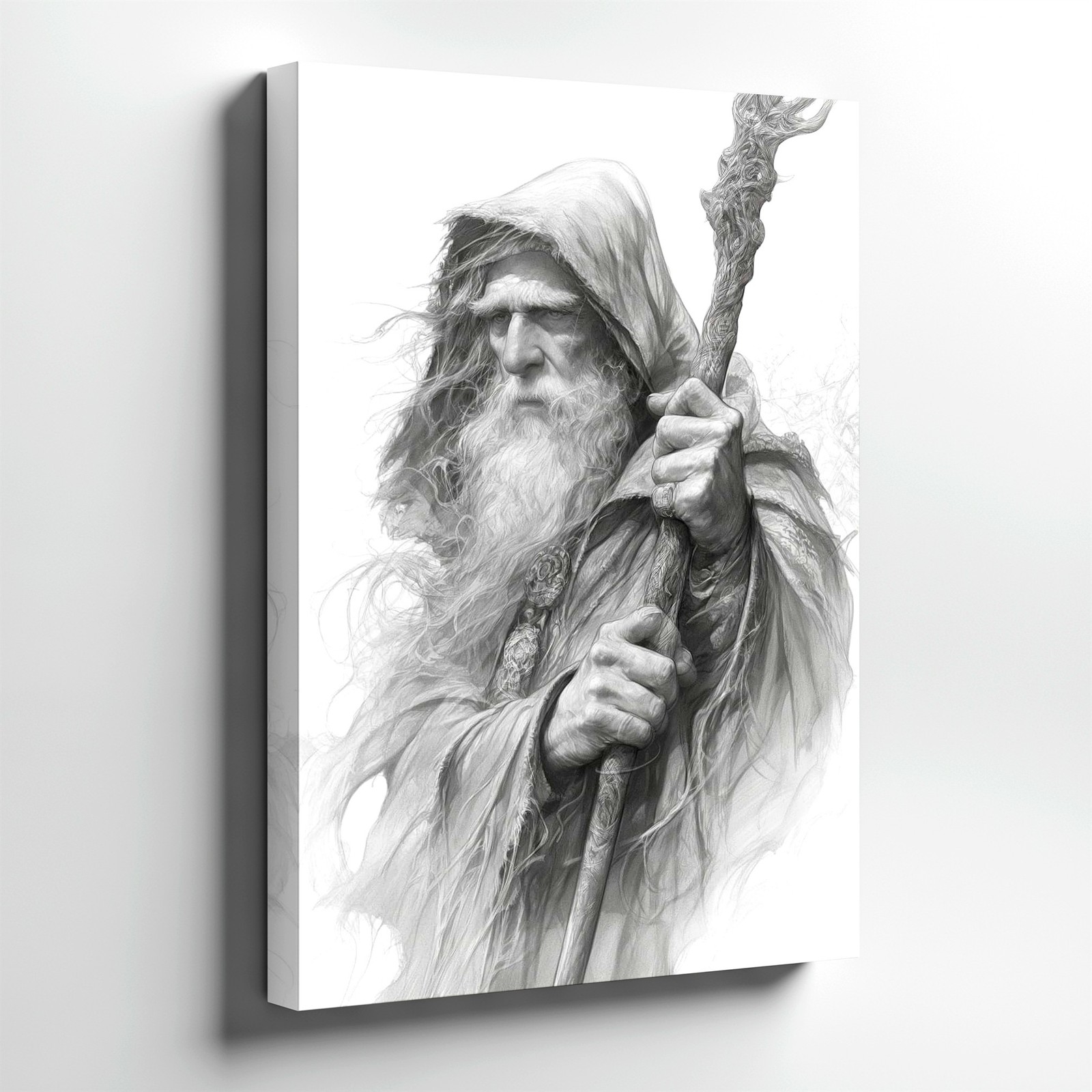 Wall Art Wizard Hooded Portrait Fantasy Old Man Staff Black White Poster Print Wall Art Wizard Hooded Portrait Fantasy Old Man Staff Black White Poster Print