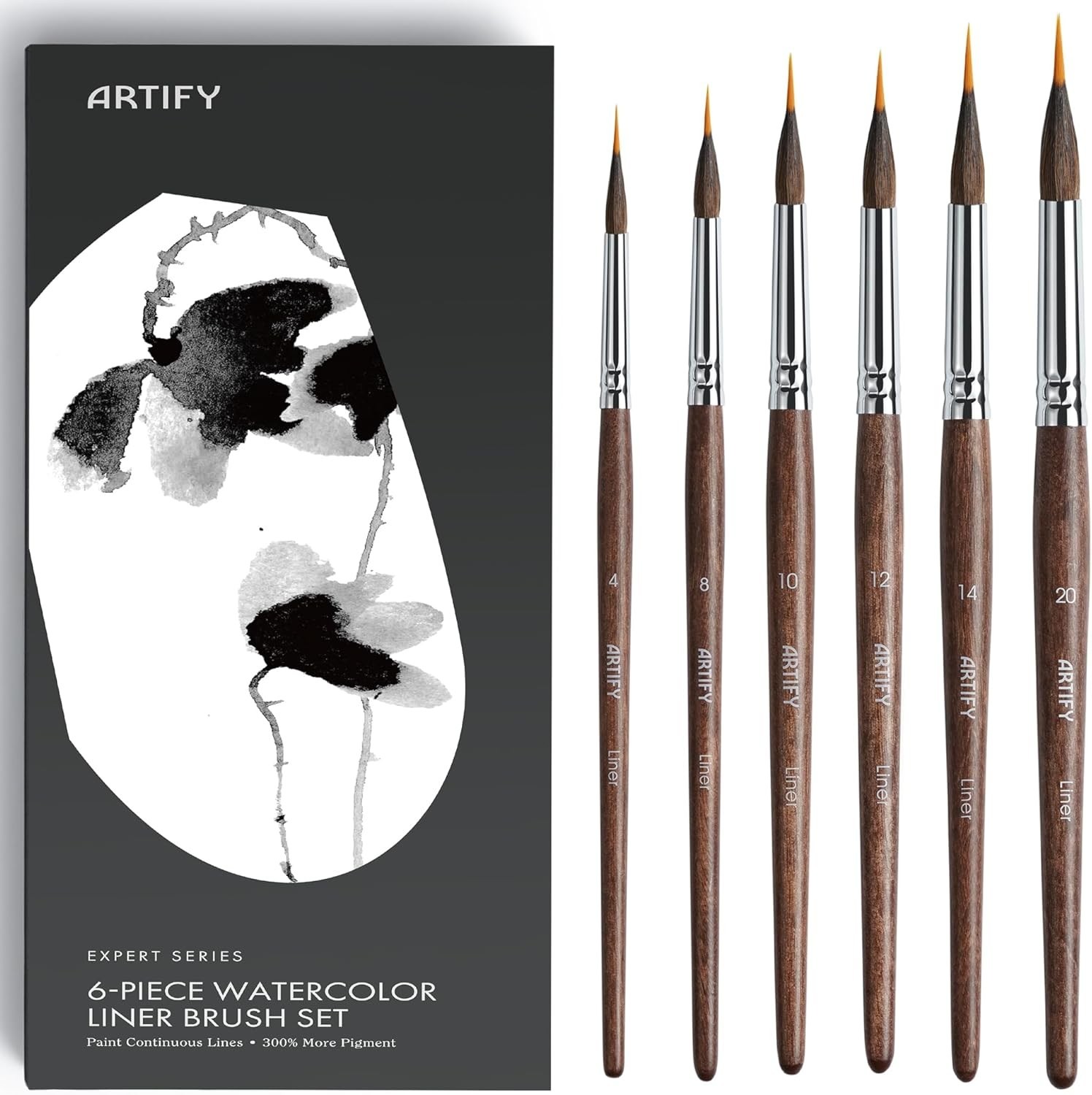 ARTIFY 6-Piece Professional Watercolor Liner Brush Set - Sable & Nylon Hybrid Ex