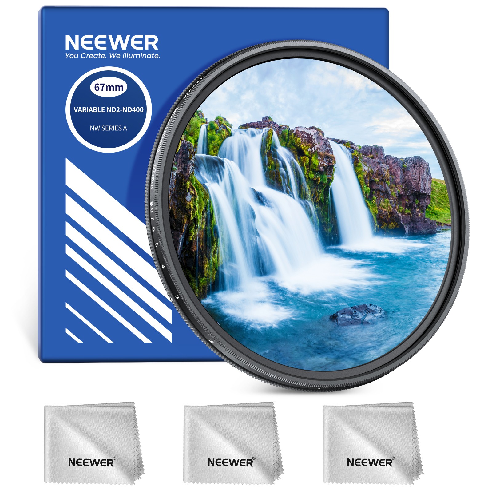 NEEWER 67mm Variable ND Filter ND2-400, 1-9 Stops, Multicoated Glass, Cloth
