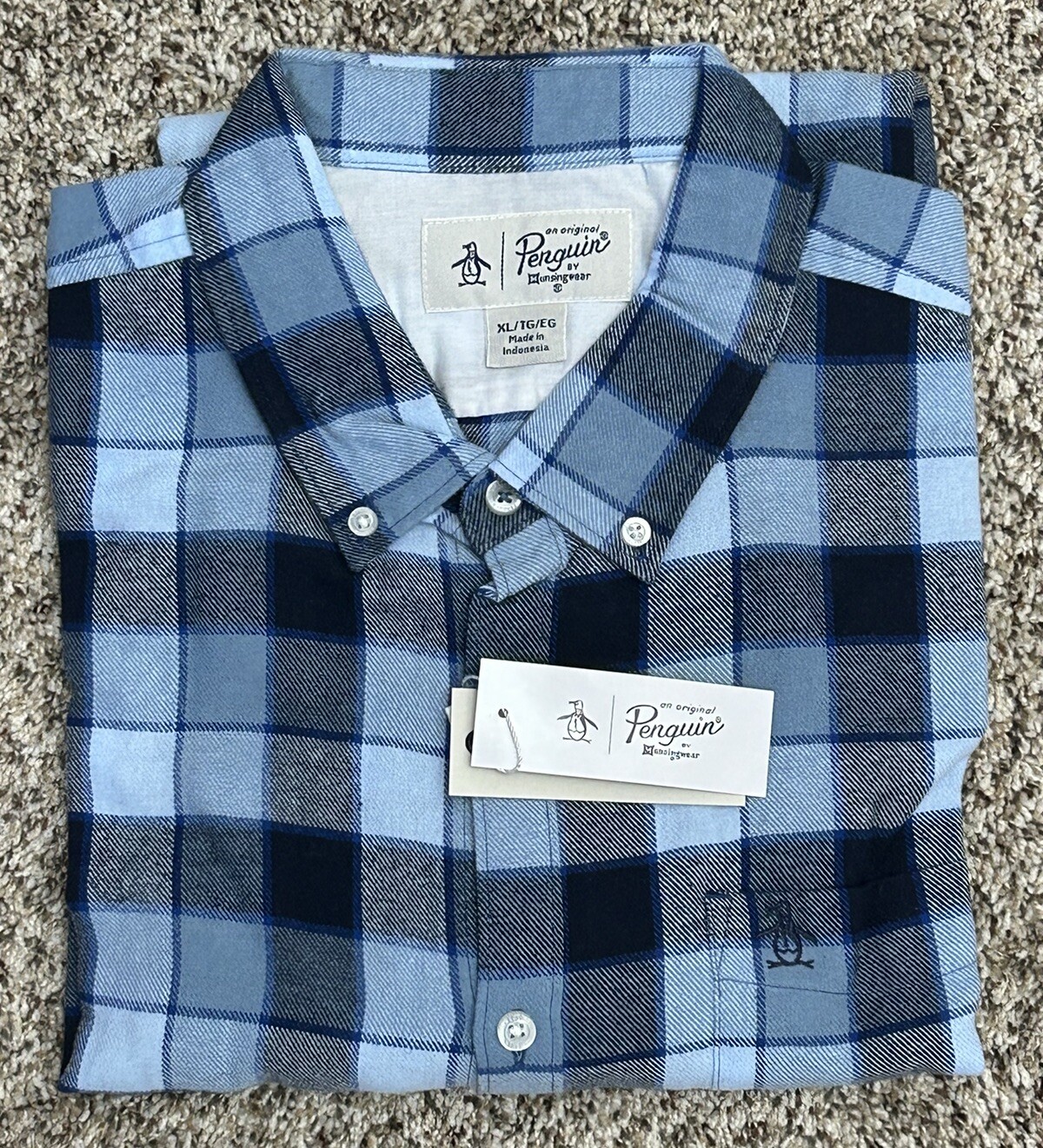 New Penguin Mens Blue Button Down Plaid Long Sleeve Shirt Size XL