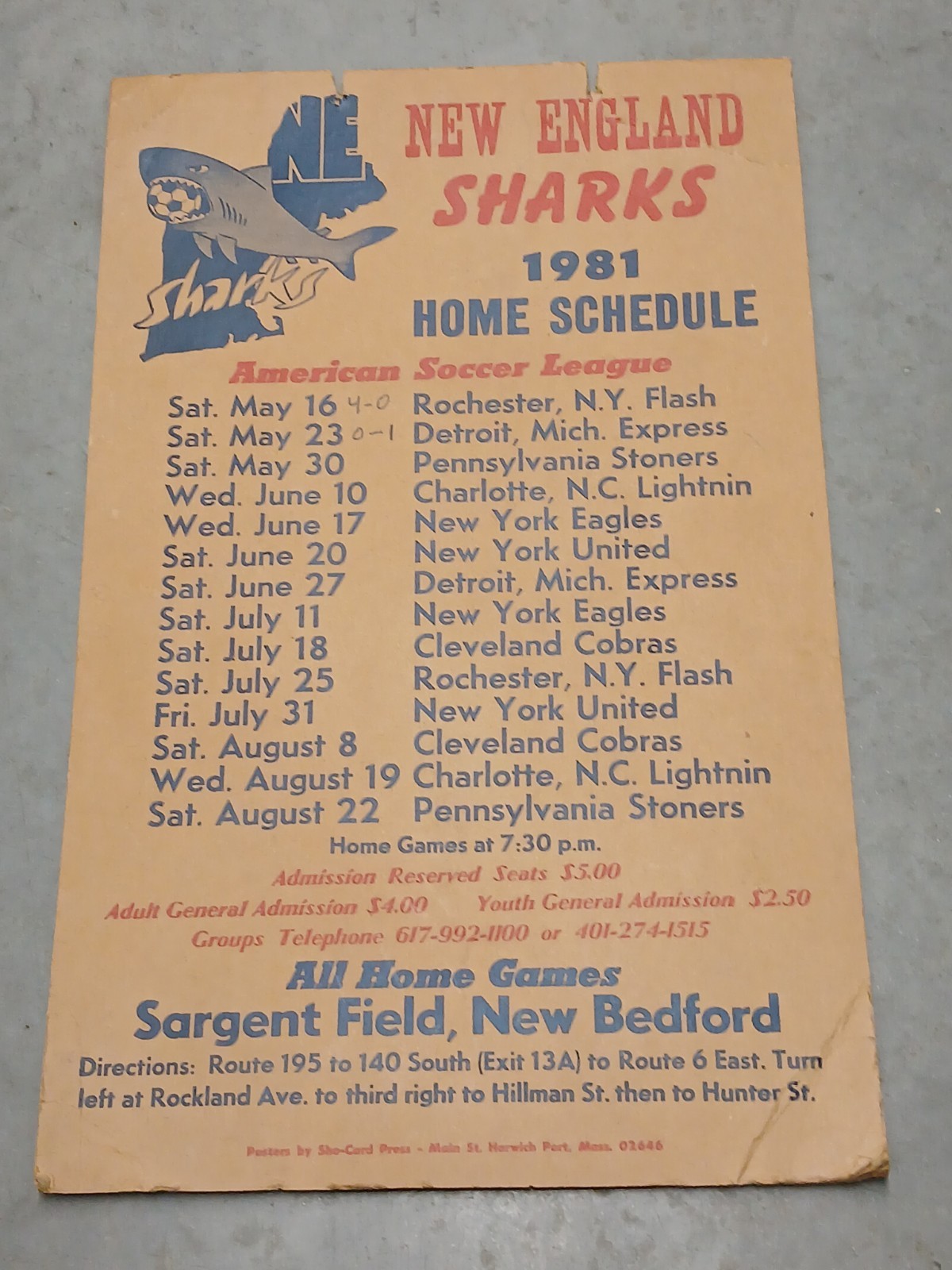 1981 New England Sharks Soccer Poster (ASL) Sargent Field New Bedford Mass