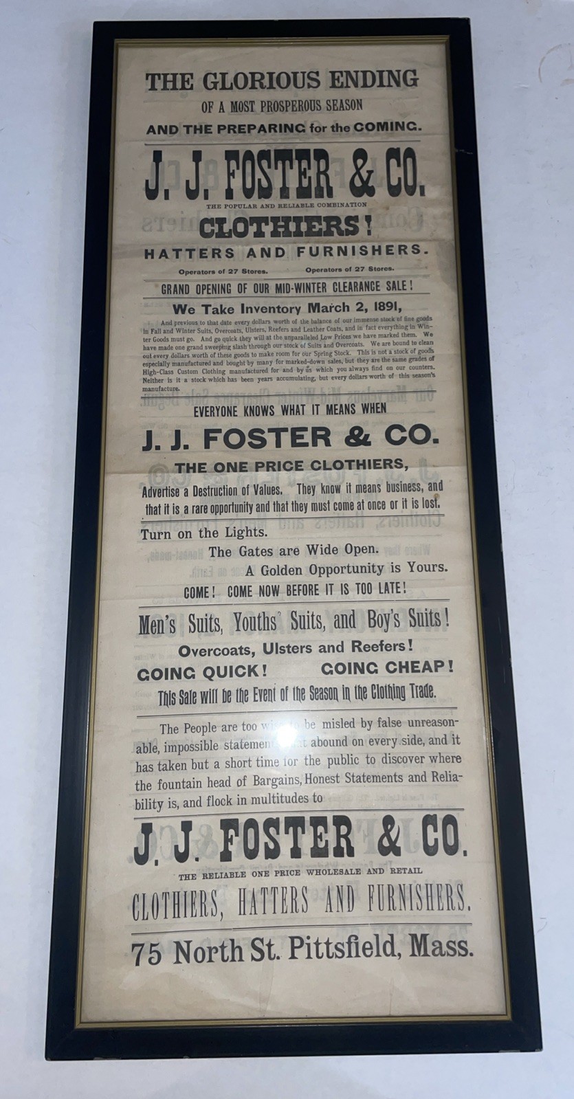 Vintage 1891 Framed Advertisement Sign J.J. Foster & Co Vintage 1891 Framed Advertisement Sign J.J. Foster & Co