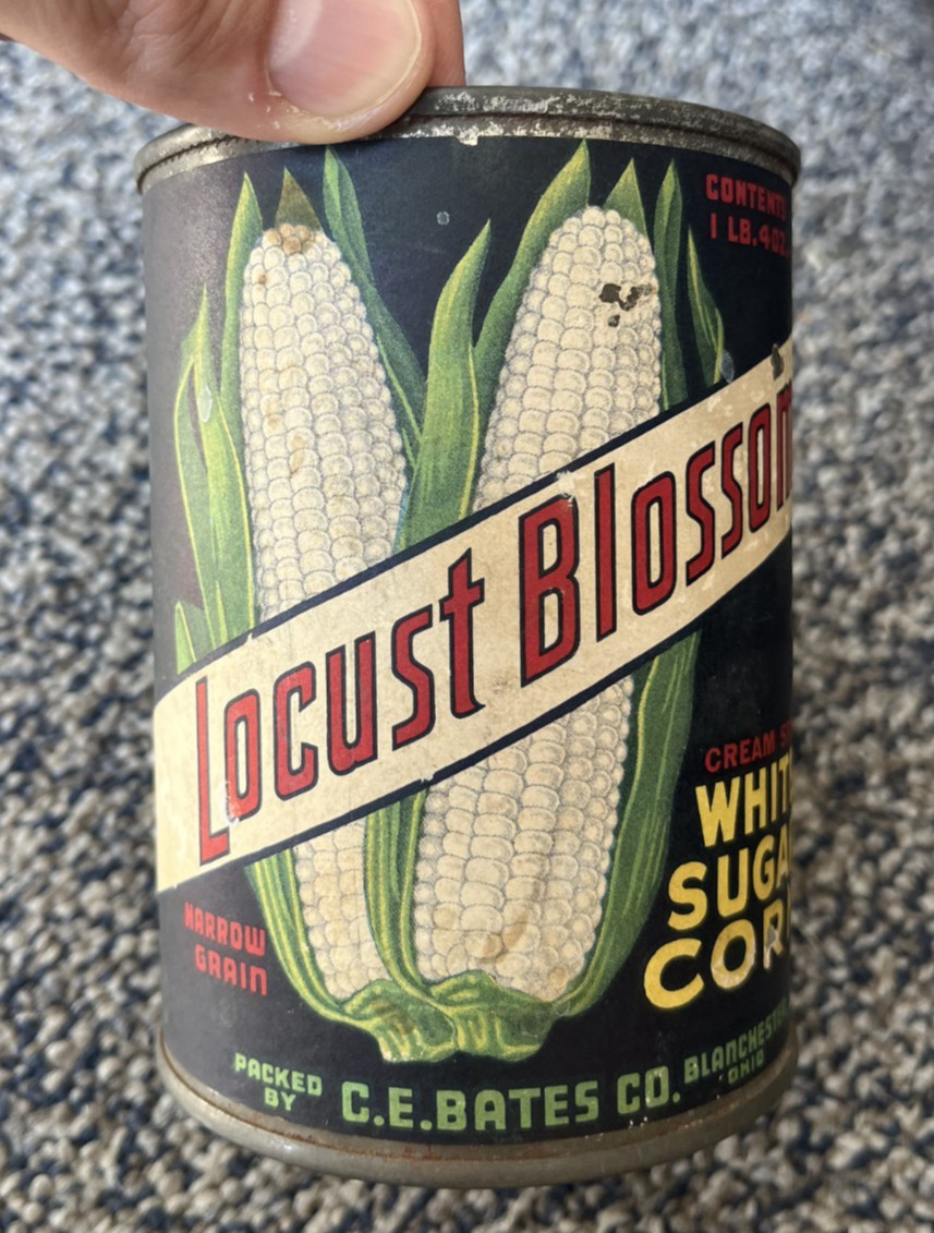 Antique Corn Can Tin C. E. Bates Blanchester Ohio 1920s Locust Blossom