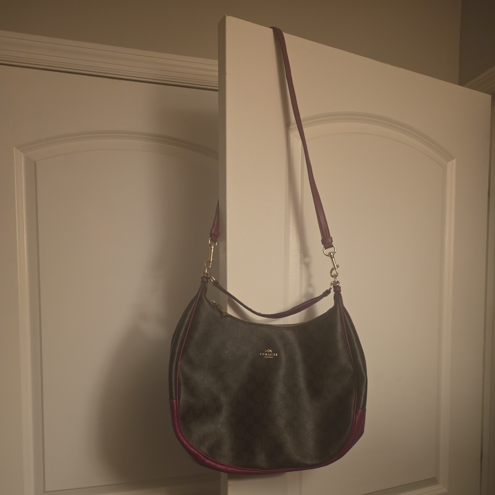 Vintage Coach 2 Way Hobo Signature Large Black Brown Plum Leather Bag