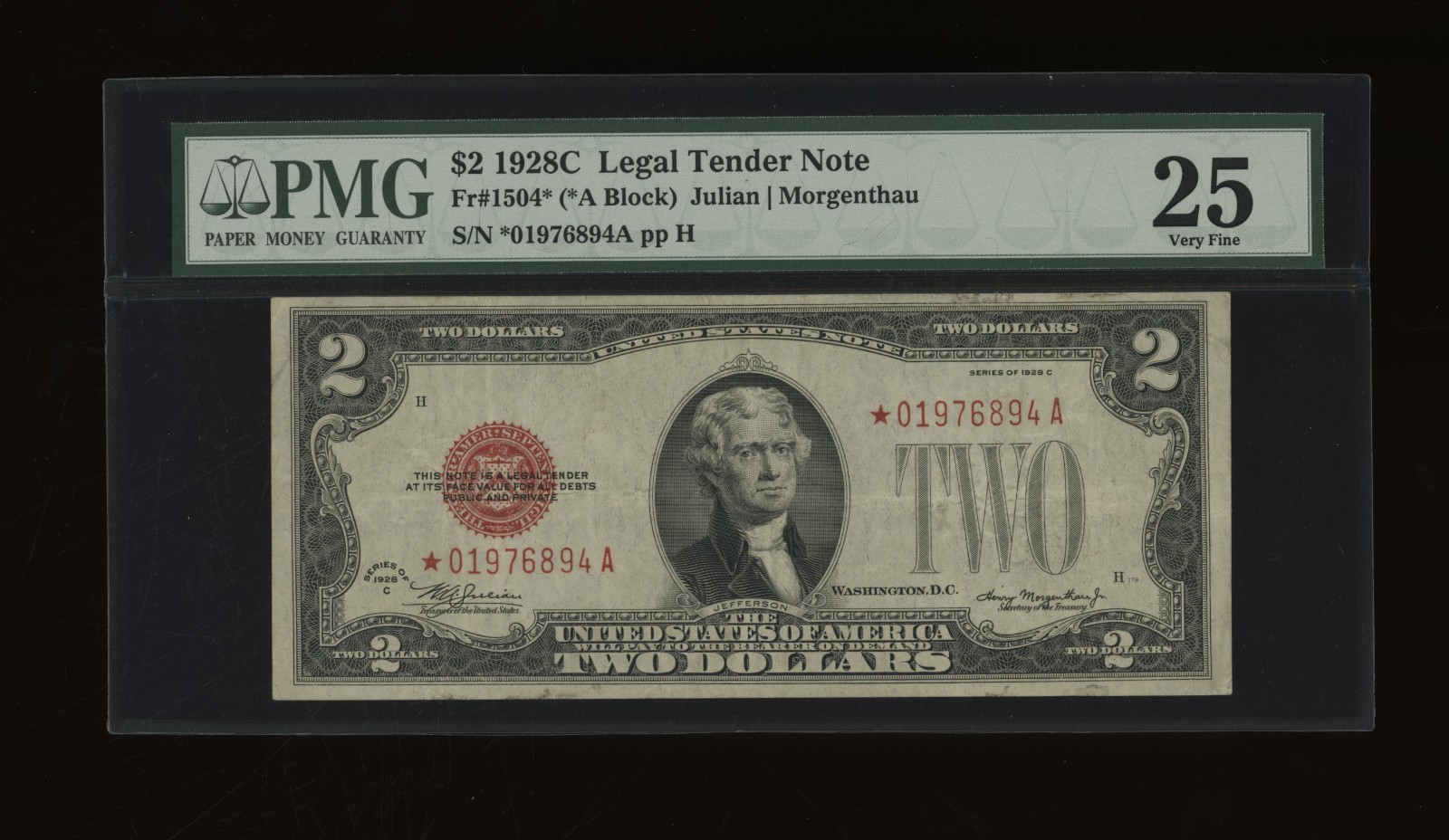 DBR 1928-C $2 Legal STAR Fr. 1504* PMG 25 Serial *01976894A