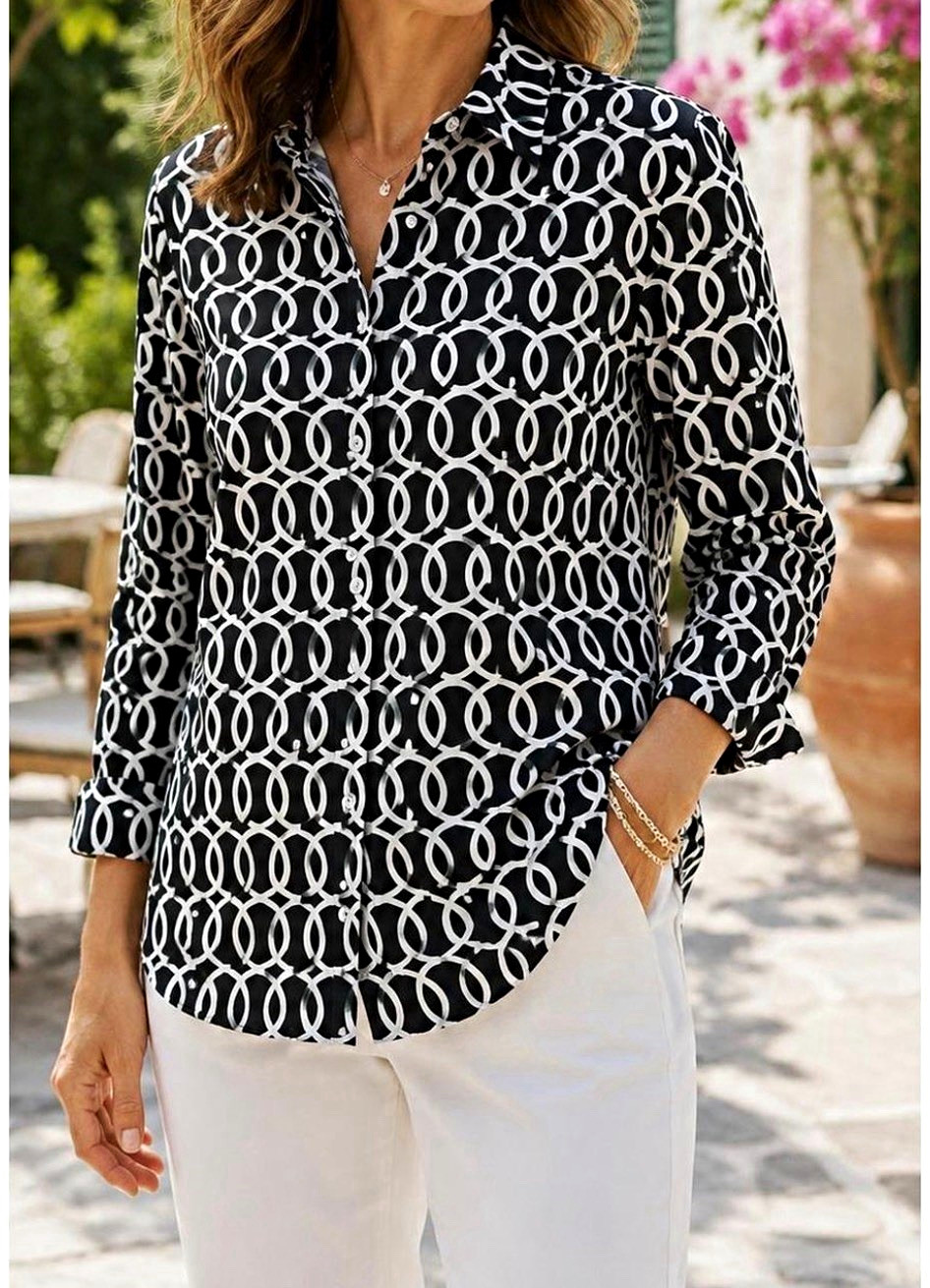 Chico’s No-Iron Shirt Size 3 XL Black White Geometric Button Down Cotton Tunic
