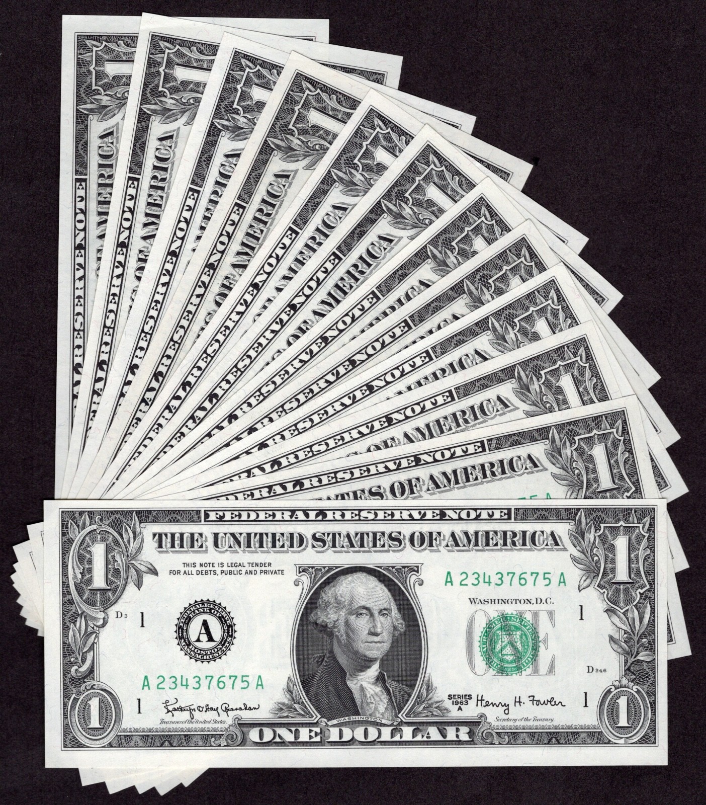 1963A $1 Complete District Set. 12 Crisp & Uncirculated Banknotes. A to L 1963A $1 Complete District Set. 12 Crisp & Uncirculated Banknotes. A to L