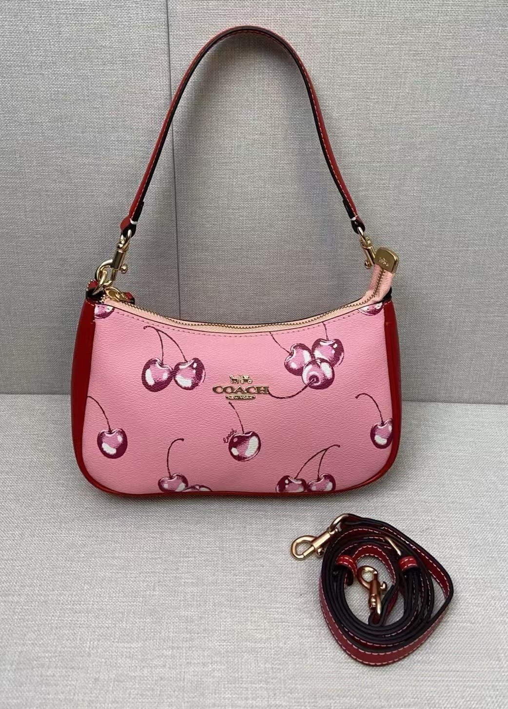 Coach Cherry Underarm Bag Pink x Burgundy Gold Hardware Adjustable Strap