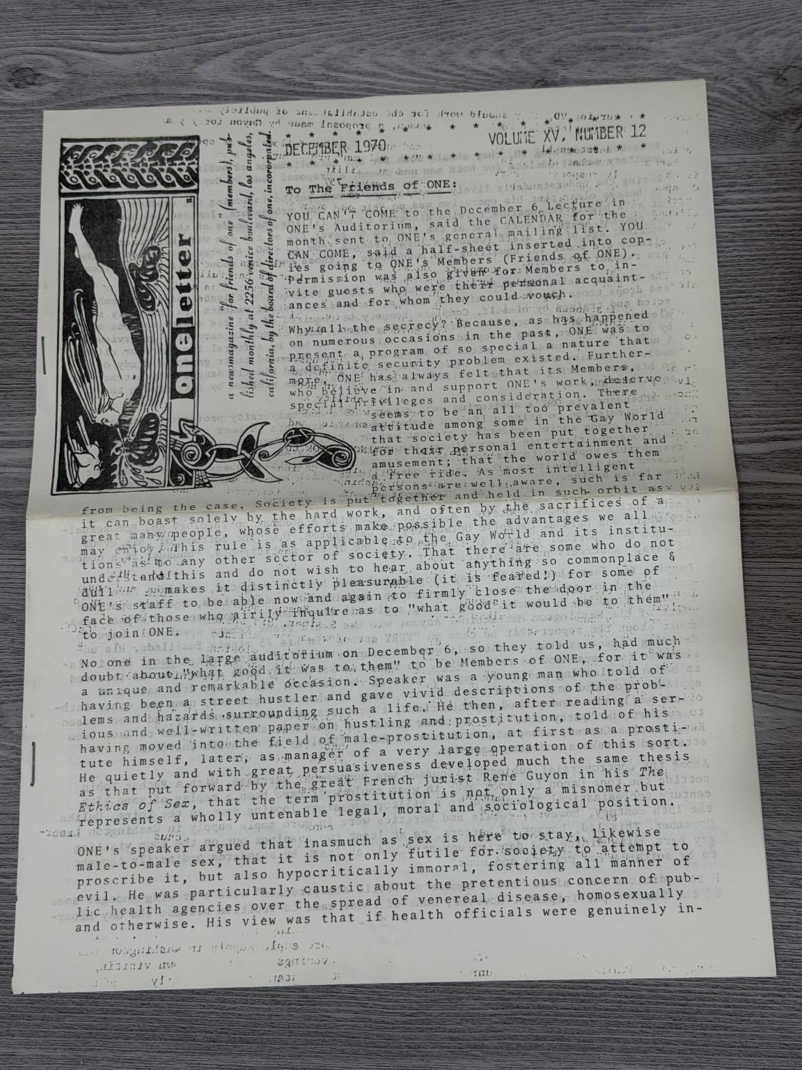 VTG Rare One Letter Magazine Vol XV No 12 December 1970 LGBTQ+ Gay Interest