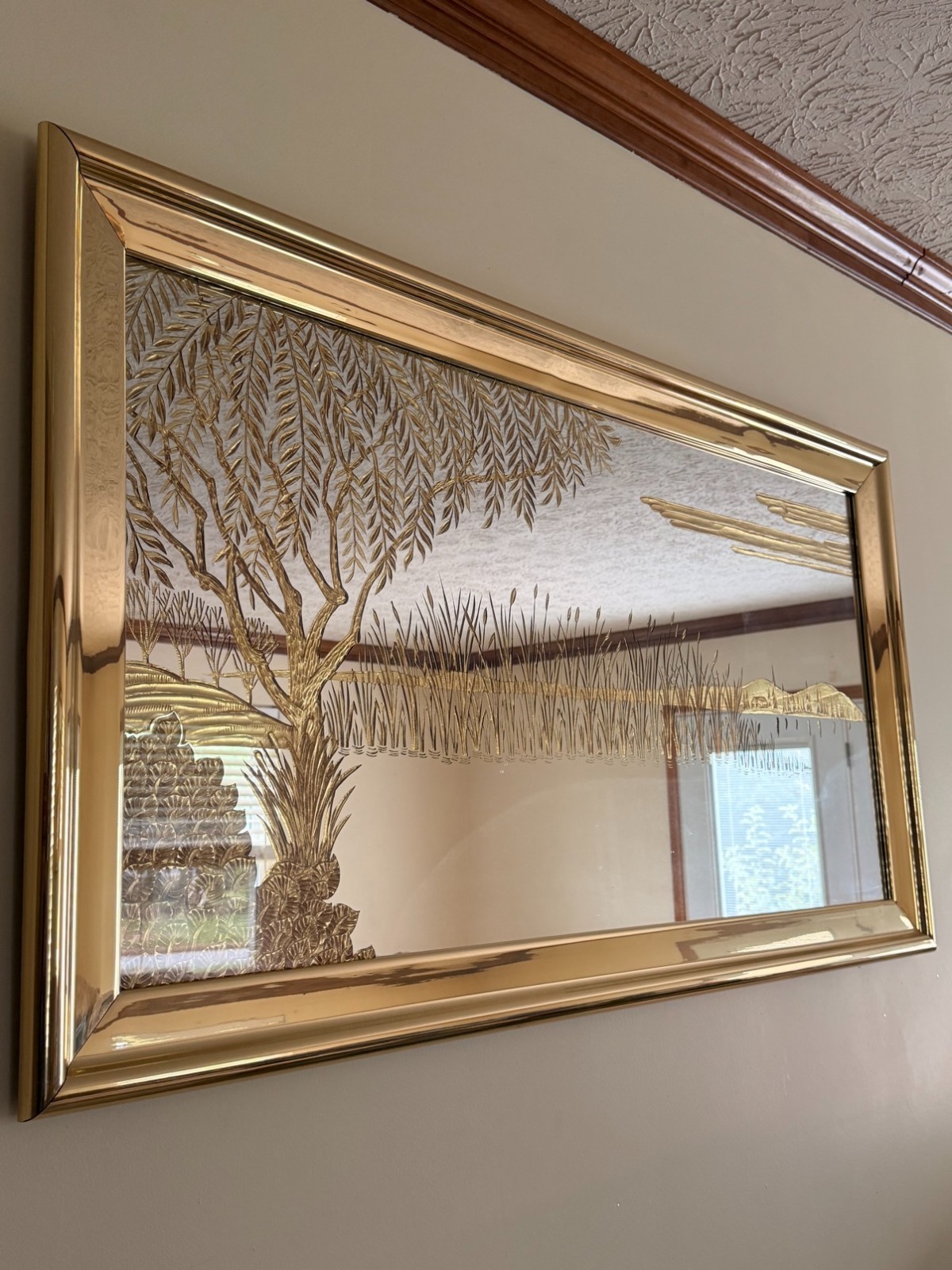 Vintage Brass Etched Mirror - Willow Tree Landscape, Large