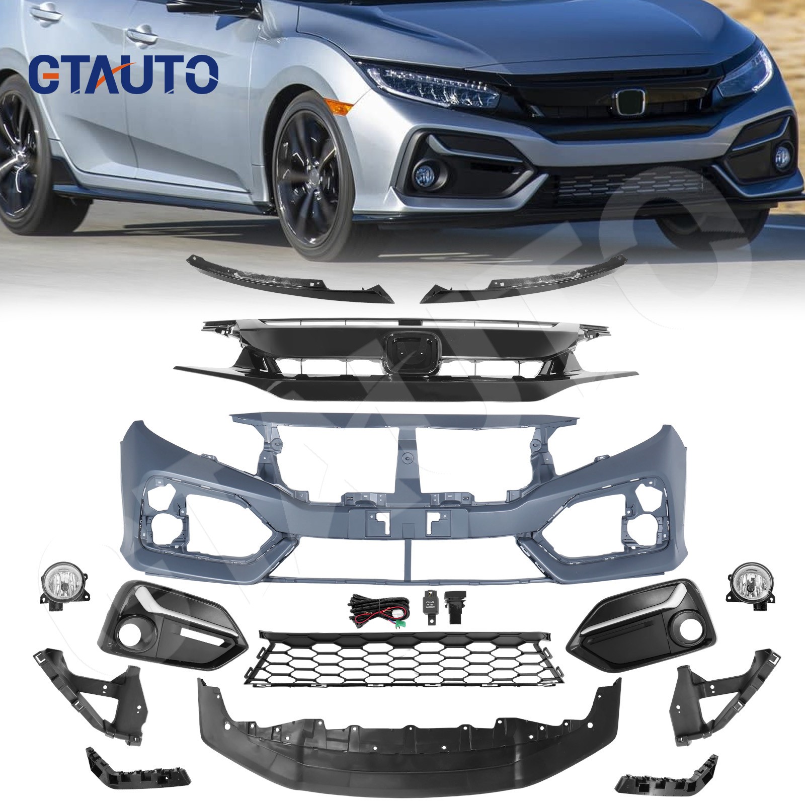 Front Bumper Cover Kit W/ Grille & Fog Light For 2020 2021 Honda Civic Hatchback