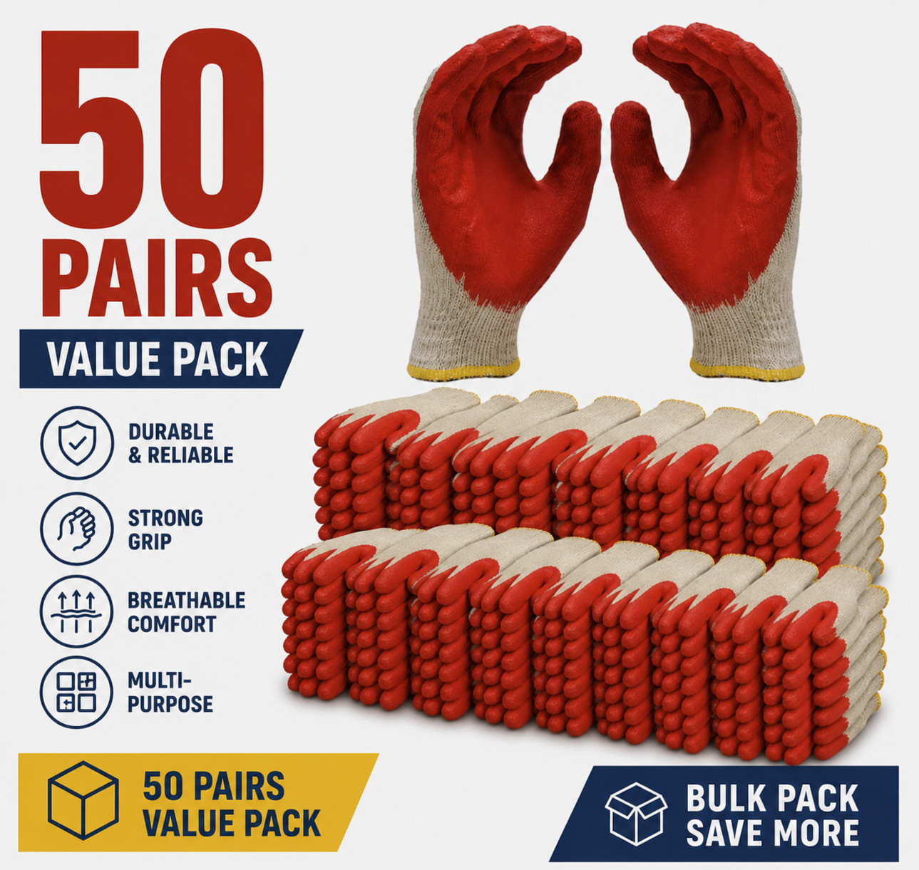 50 Pairs Work Gloves Latex Coated Grip Safety Gloves Free Size Bulk Pack