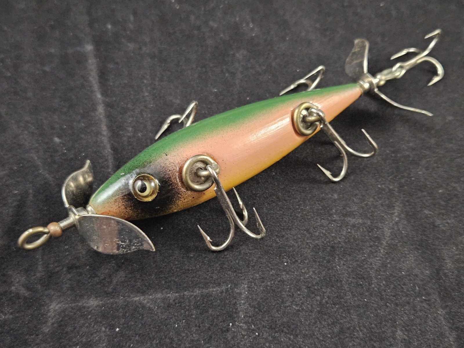Repainted Pflueger Neverfail Minnow 5 Hook Wood Lure, Glass Eyes Repainted Pflueger Neverfail Minnow 5 Hook Wood Lure, Glass Eyes