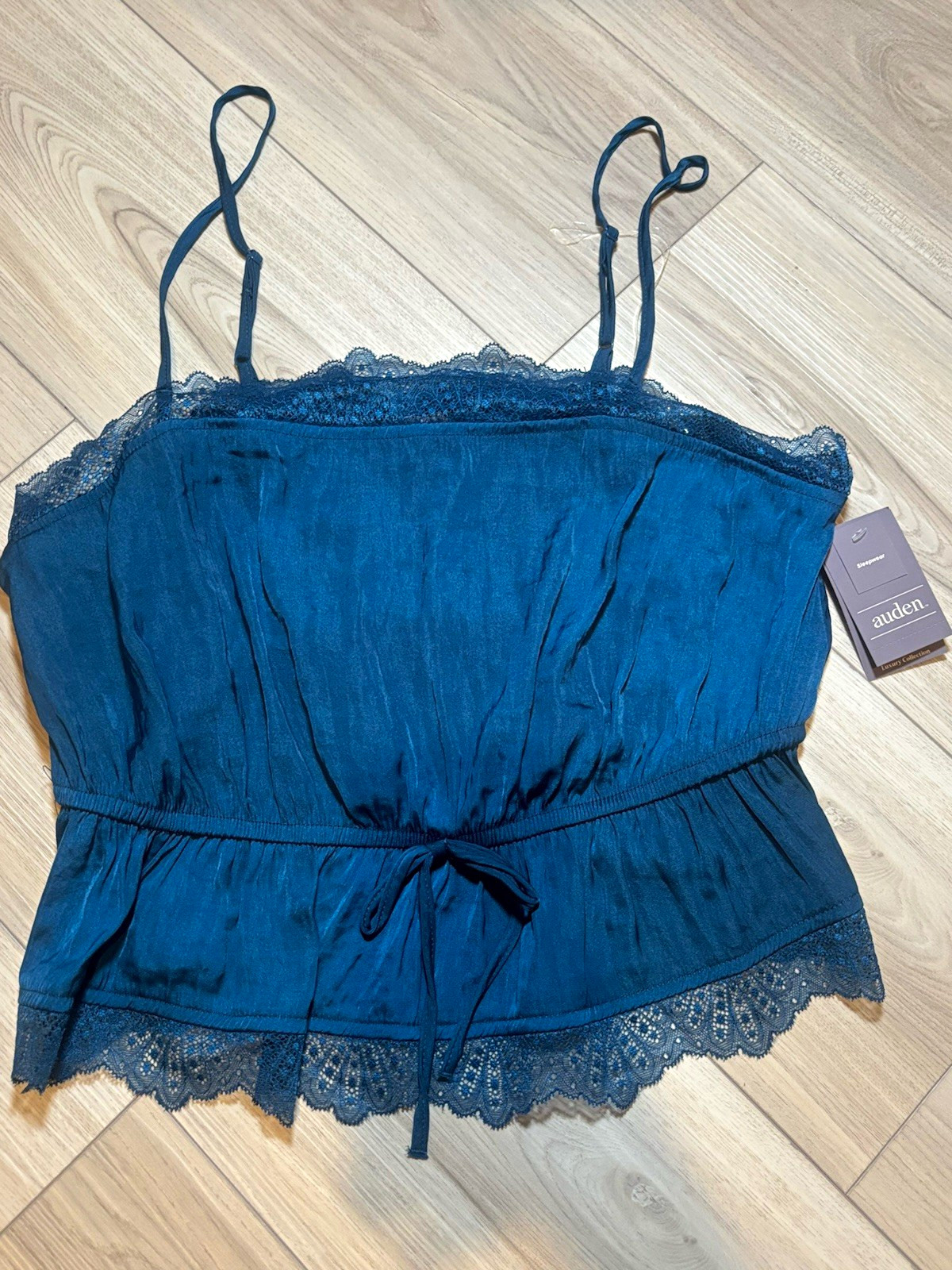 Auden Women’s Blue Solid Camisole Tank Lace Trim Tie Front Stretch M