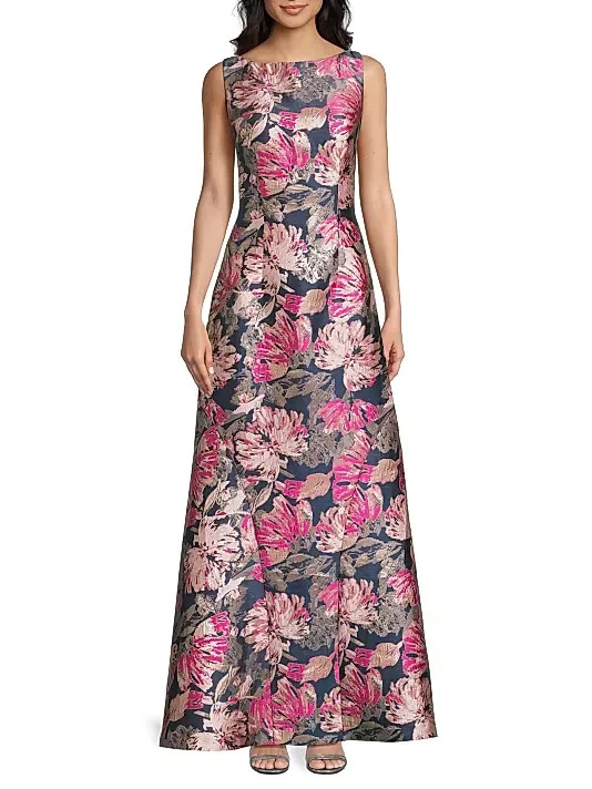 Kay Unger Blue Opal Multi Maren Floral Brocade A-Line Gown Size 6 $418 Kay Unger Blue Opal Multi Maren Floral Brocade A-Line Gown Size 6 $418