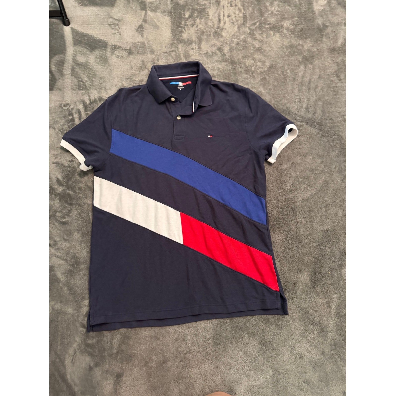 Tommy Hilfiger Sport Mens Navy Blue Diagonal Colorblock Polo Shirt Medium M