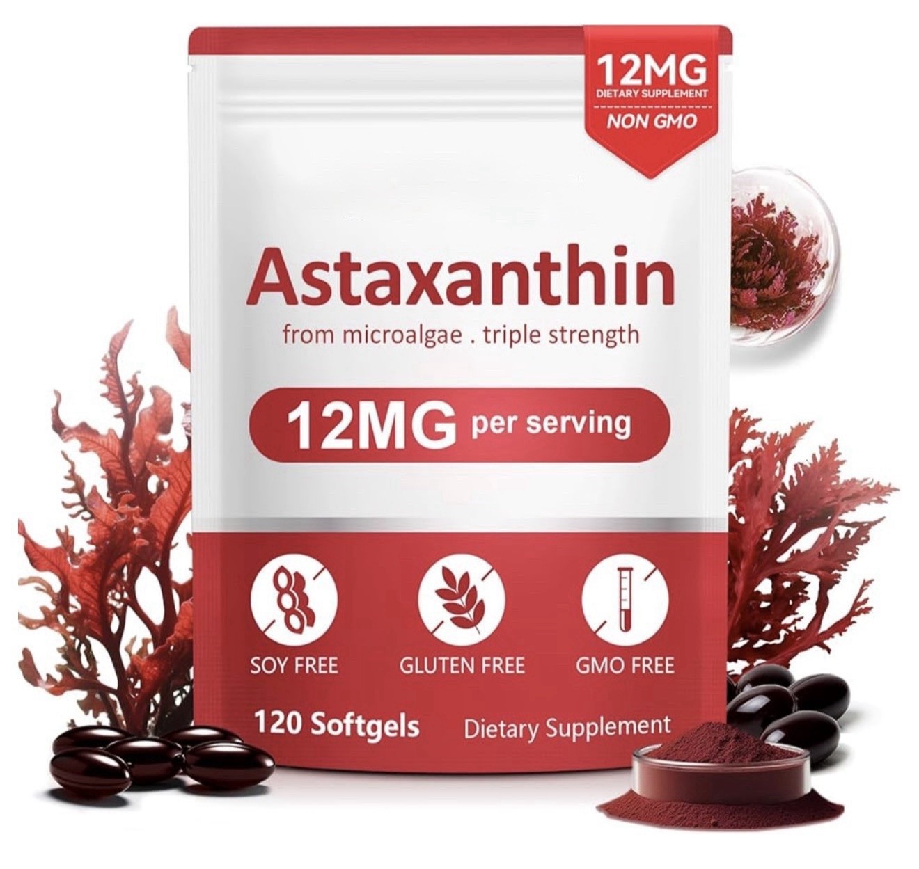 Astaxanthin 12mg, Premium Astaxanthin Antioxidant Supplements, Supports Immune,