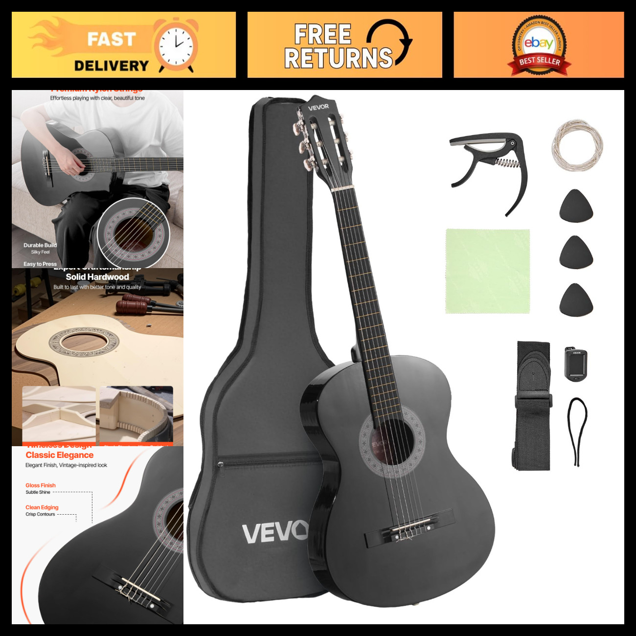 Acoustic Classical Guitar Starter Kit for Beginners - Basswood, Nylon Strings, K Acoustic Classical Guitar Starter Kit for Beginners - Basswood, Nylon Strings, K
