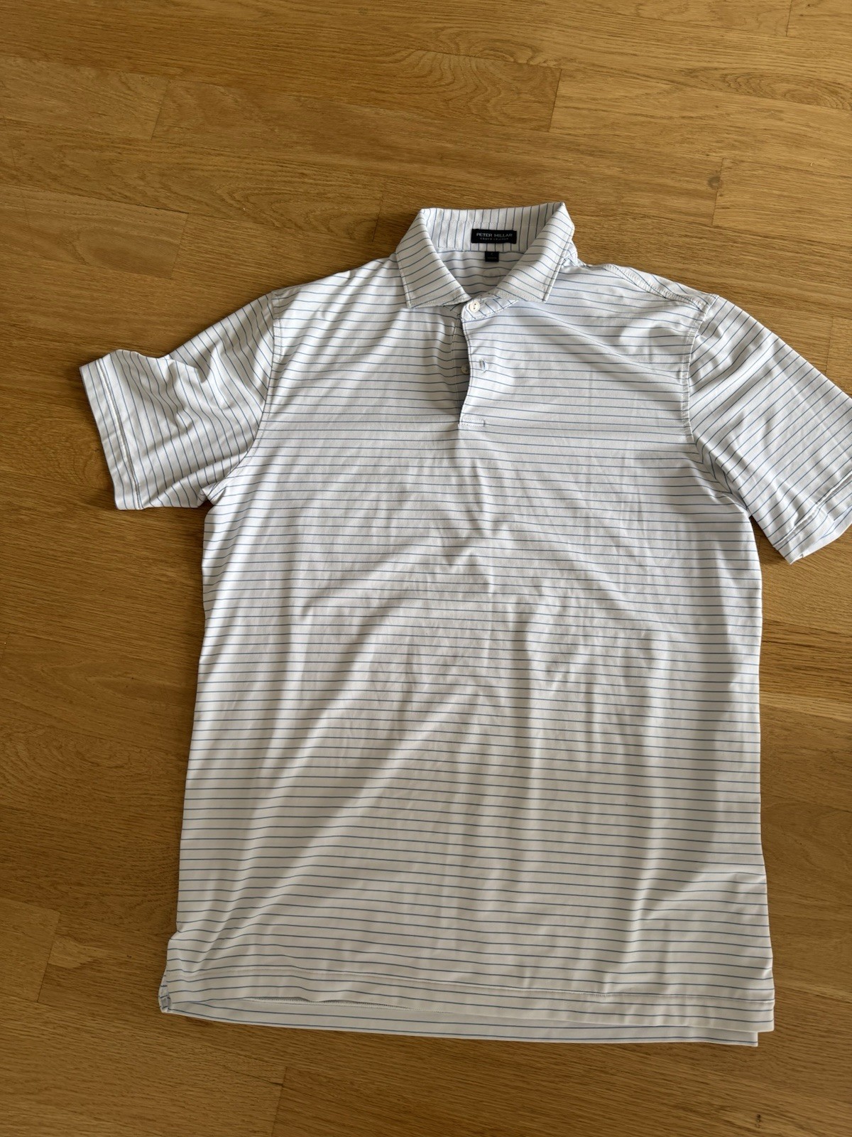 Peter Millar Men\'s L White/Blue Striped Short Sleeve Polo Golf Shirt
