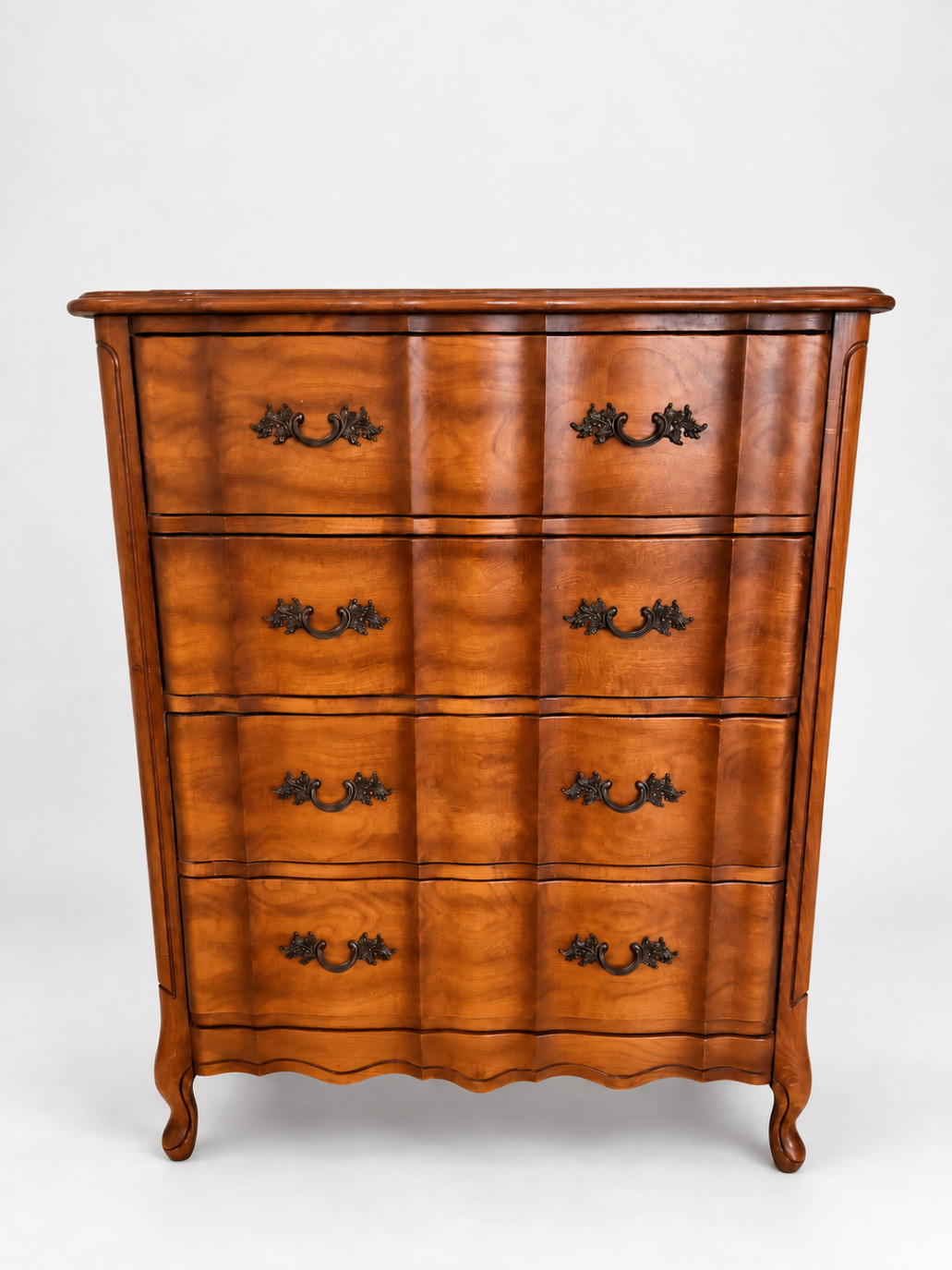Vintage French Provincial Bombe Wood Chest of Drawers 4 Drawer Ornate Handles