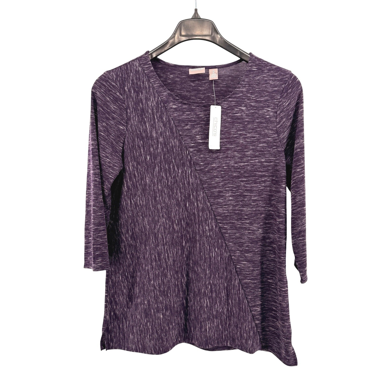 NEW Chico\'s Asymmetrical Seam Top Women 2/Large Purple Space Dye 3/4 Sleeve Knit