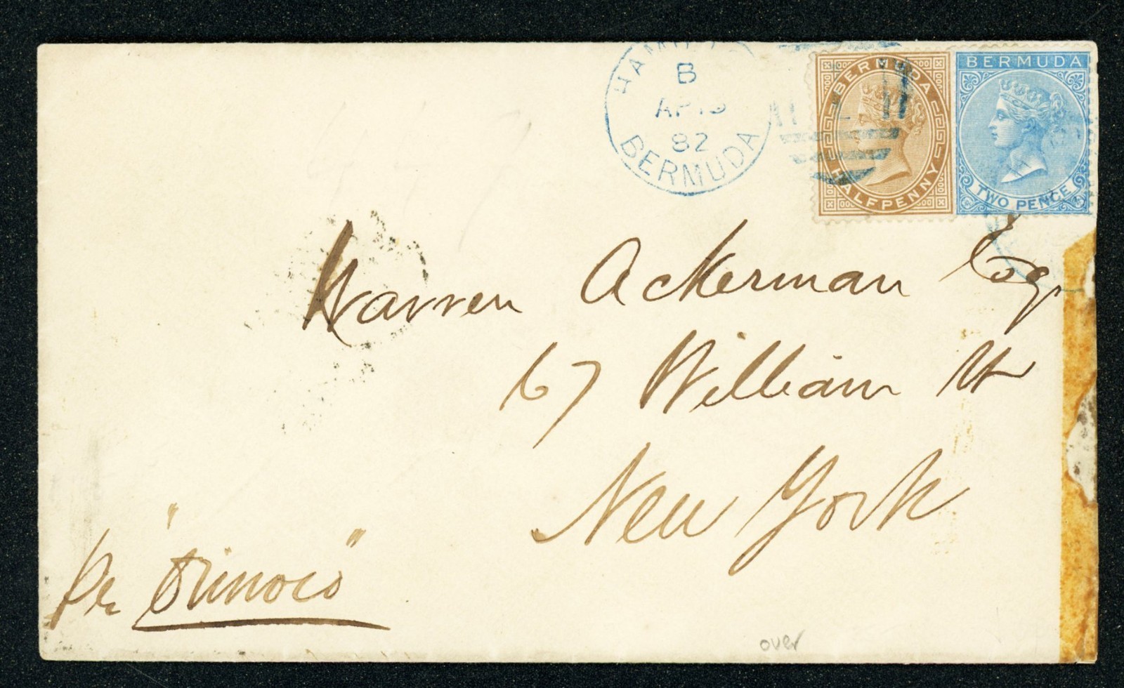 [BERMUDA] 1882 Cover ½d & 2d SG19 SG4 Blue Hamilton Duplex W.T. James CA3117