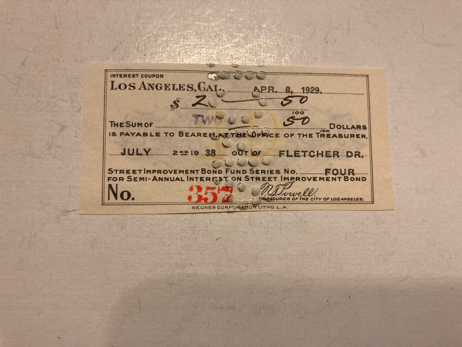 Vintage Interest Coupon 1929 Los Angeles CA Street Improvement Bond 