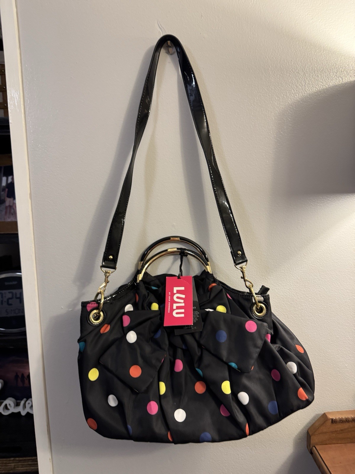 Lulu Guinness Polkadot Double Handled Satchel Purse Bow Zip Close Shoulder NWT Lulu Guinness Polkadot Double Handled Satchel Purse Bow Zip Close Shoulder NWT