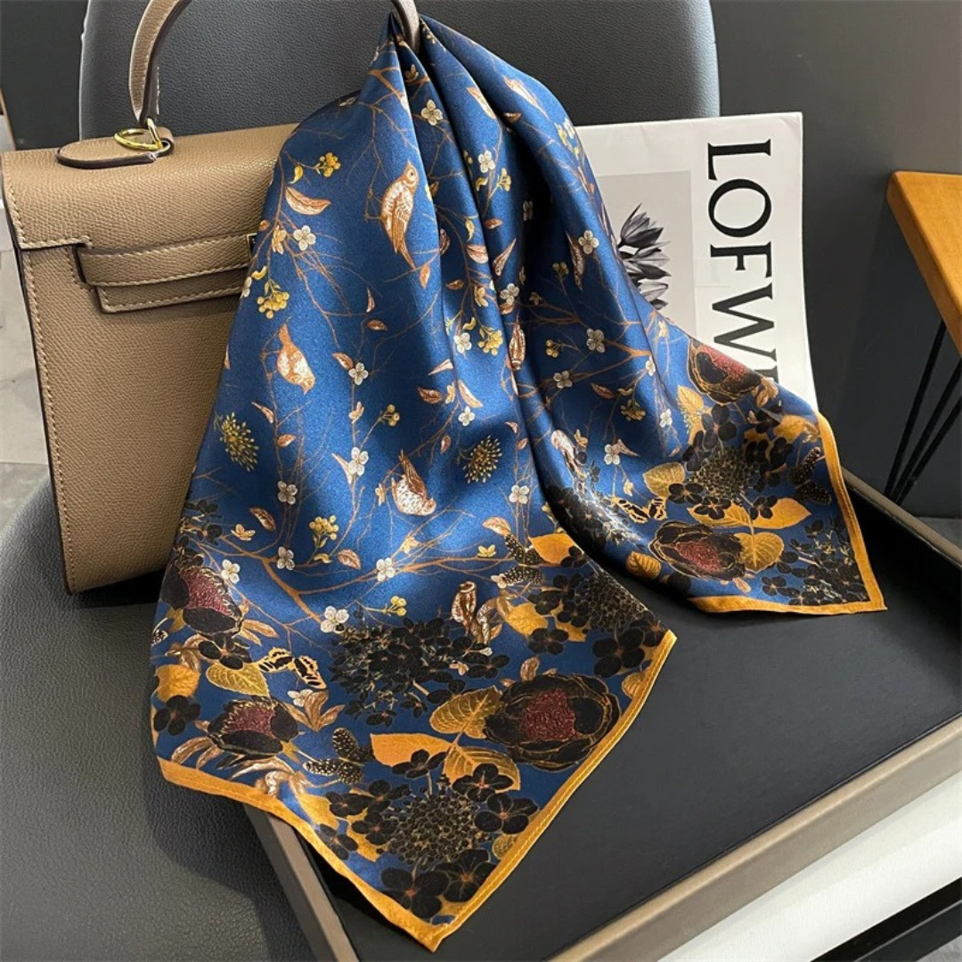 68*68cm 100% Silk Scarf Women Vintage Blue Leaves Kerchief Square Bandana Wrap