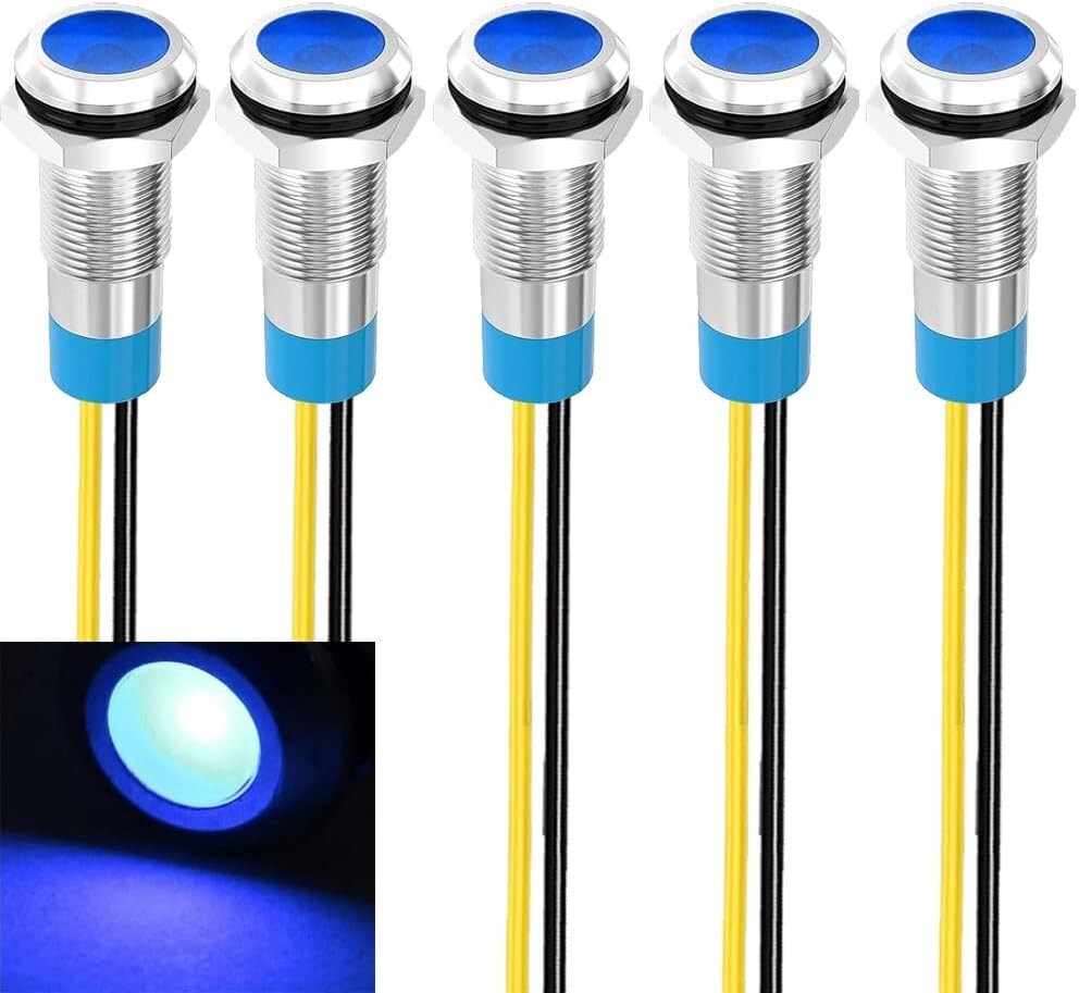 LED Metal Indicator Light 110V-220VAC Waterproof Signal 8mm Lamp (Blue)-  5 pcs