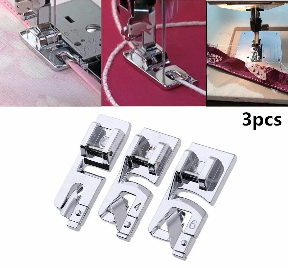 3PCS Narrow Rolled Hem Sewing Machine Presser Foot Set 3/4/6mm For DIY Crafts