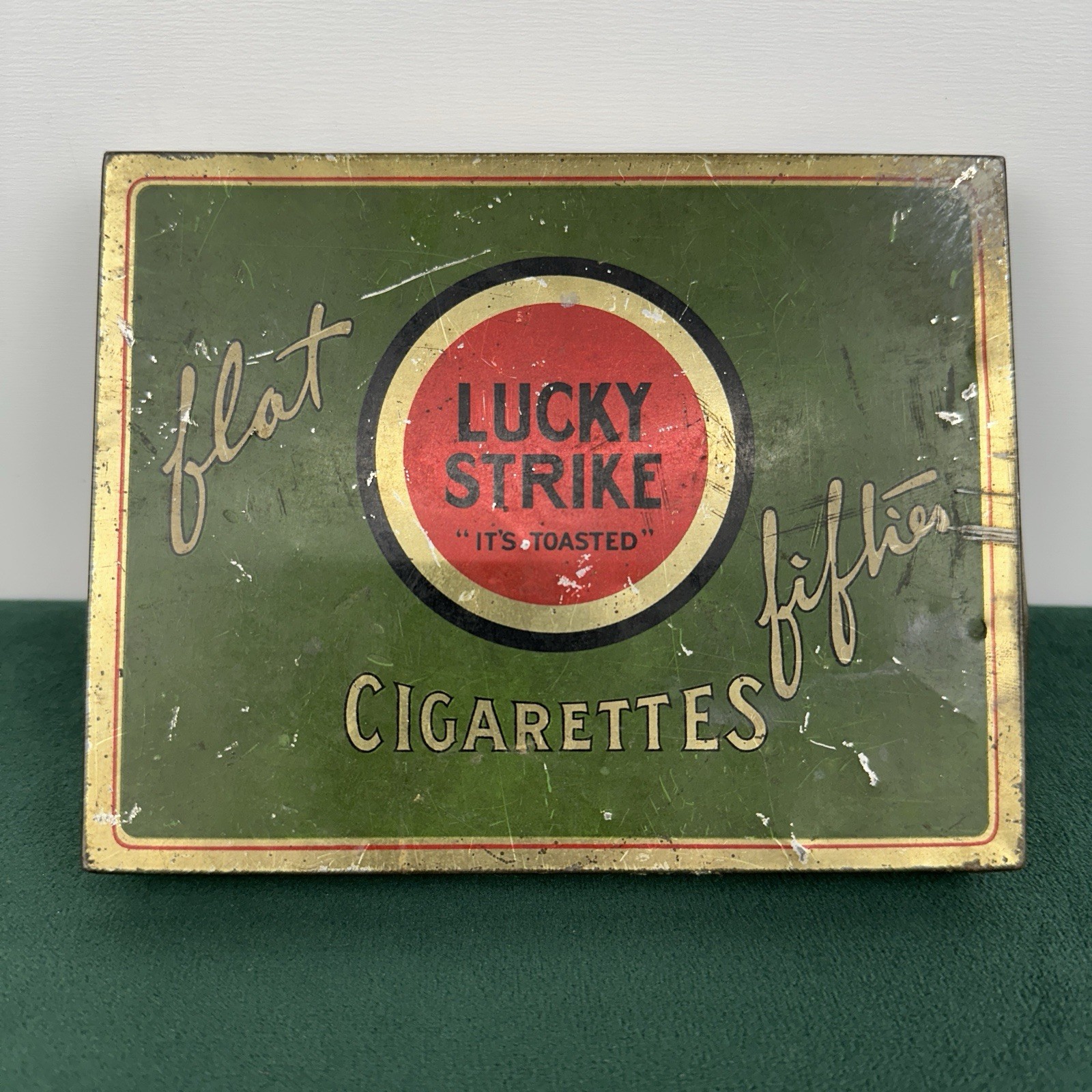 Vintage Lucky Strike Flat Fifty Cigarette Tin Green Gold It’s Toasted USA 1930’s Vintage Lucky Strike Flat Fifty Cigarette Tin Green Gold It’s Toasted USA 1930’s
