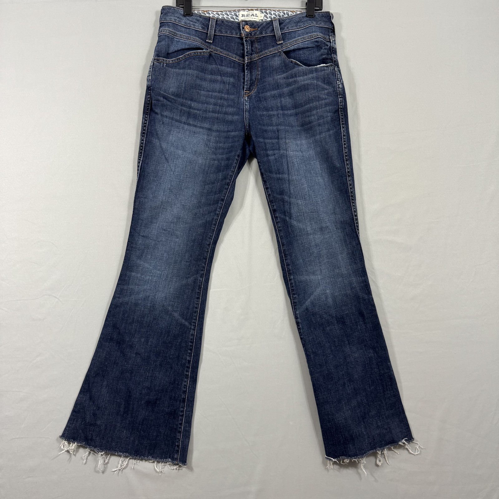 Ariat REAL Jeans Womens 31R Blue Flare Distressed Raw Hem Western Denim