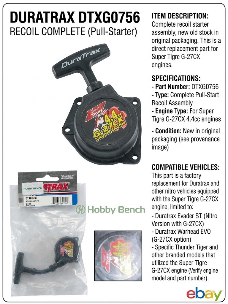 DuraTrax DTXG0756 Recoil Pull Start Complete – Super Tigre G-27CX Engine – NOS