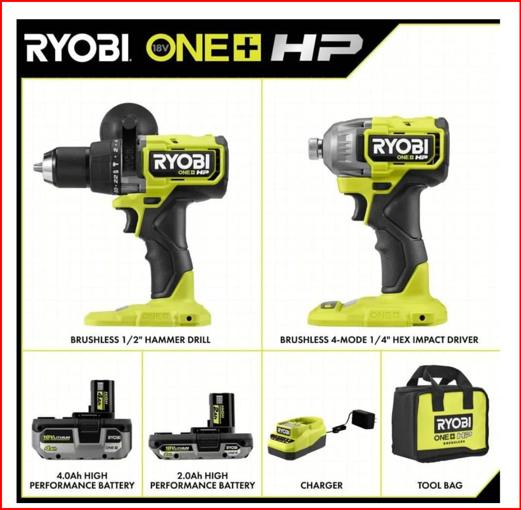 Ryobi ONE+ HP 18V Brushless Cordless 2-Tool Kit PBLCK122K2, PBLHM102, PBLID04