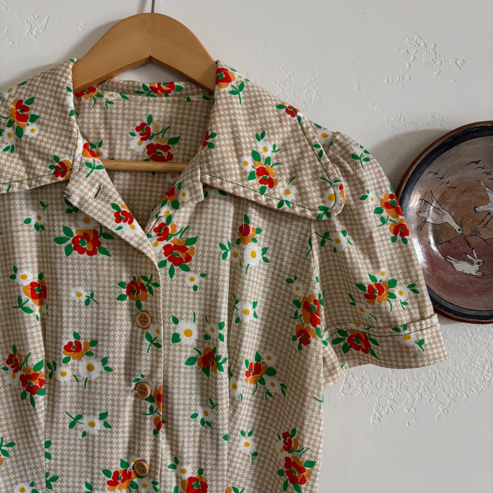 Vintage 70\'s Floral Sears Jr. Bazaar Button Up Mini Dress with Collar & Belt